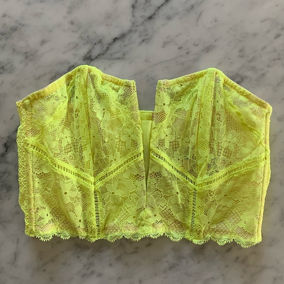 NWOT Victoria’s Secret neon yellow bustier with deep V pale pink trim Size S - Picture 1 of 5